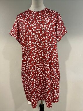 Temofon Red Floral Crewneck short sleeves oversized mini dress size large